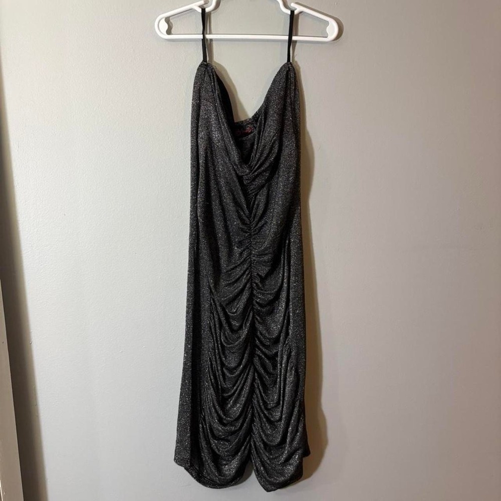 Y2K Body Central Silver Metallic Ruched Bodycon Strapless Mini Dress